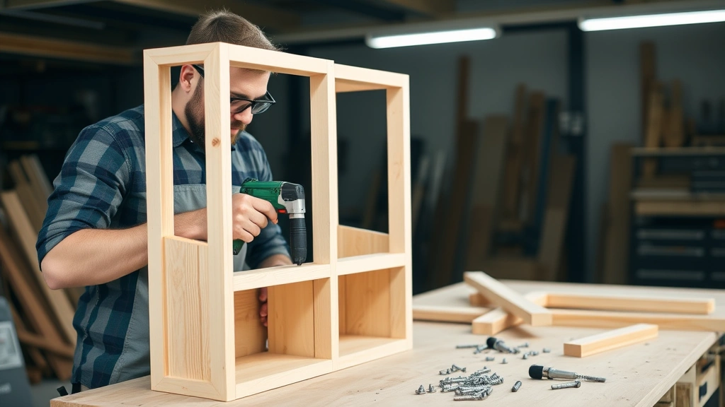 Professional carpenter using power drill to assemble wooden bookshelf frame on workbench, wearing safety glasses, with scattered wood pieces and fasteners nearby, bright workshop lighting
