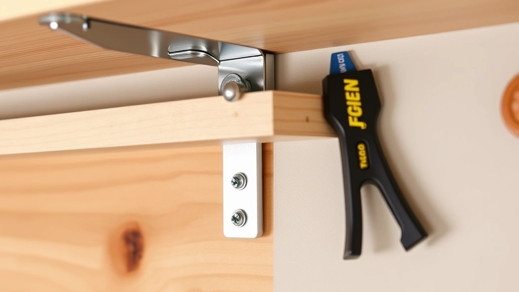 Close-up of heavy-duty shelf bracket installation into wooden shelf and wall stud, showing stainless steel bracket, wood screws, and stud finder nearby on finished wooden surface