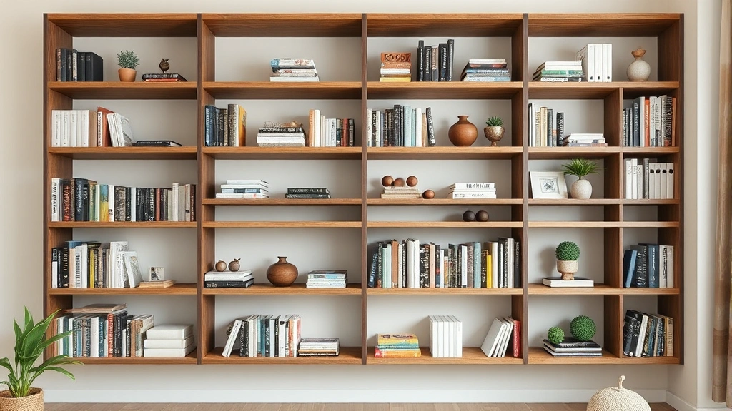 Completed wall-mounted wooden bookshelf loaded with books and decorative items, showing multiple shelves with even spacing, modern living room background with neutral wall color