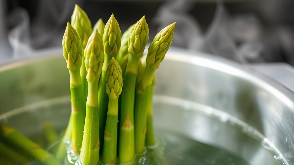 Close-up of fresh bright green asparagus spears standing upright in boiling water with visible steam, showing vibrant chlorophyll color and tender texture, professional kitchen setting