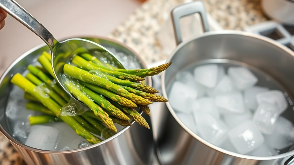 Wide shot of large stainless steel pot with ice bath next to boiling water pot, blanched green asparagus spears being transferred with slotted spoon, water droplets visible, kitchen counter setup