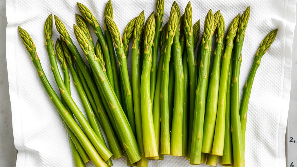 Overhead view of blanched asparagus arranged on white kitchen towels for drying, some spears showing perfect bright green color, moisture droplets visible, professional food preparation presentation