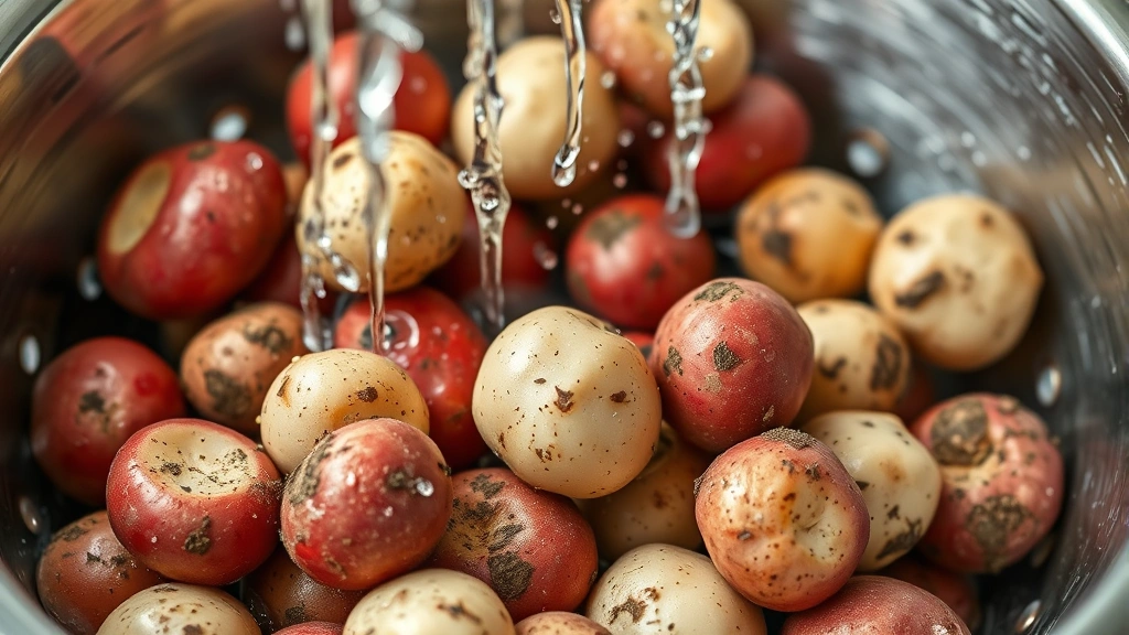 Close-up of fresh mini potatoes being rinsed under cold running water in a stainless steel colander, showing red and white varieties with soil being removed by soft brush