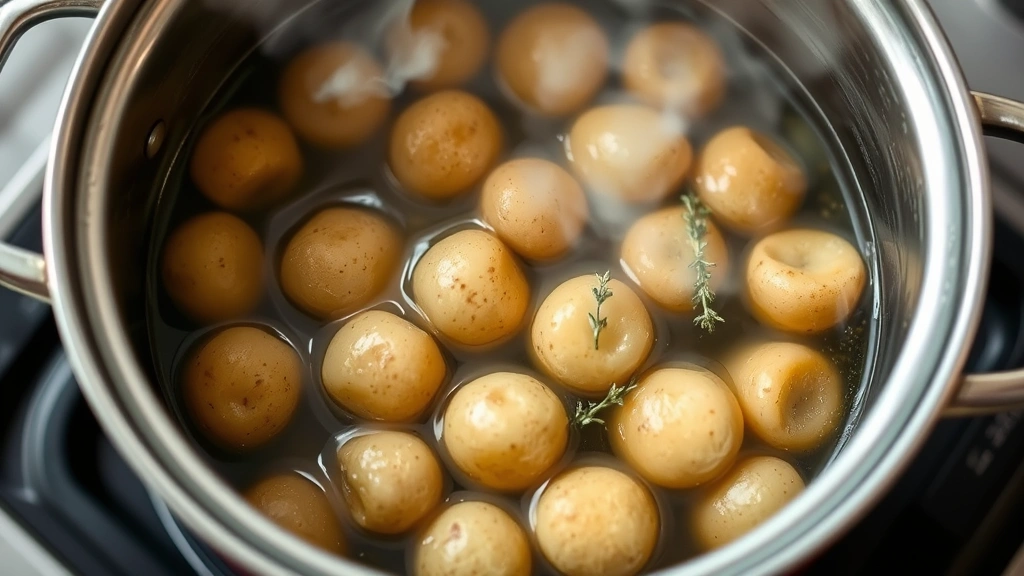 Boiling pot containing mini potatoes submerged in water with fresh thyme and bay leaves visible, steam rising, showing gentle boiling motion