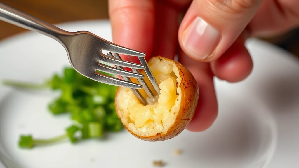 Chef's hand using fork to test mini potato for doneness, fork piercing through tender flesh with minimal resistance, showing properly cooked texture