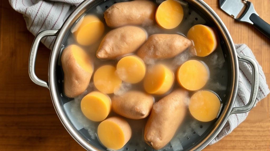 Overhead view of a colander filled with freshly boiled sweet potatoes of varying sizes draining steam, with a kitchen towel and peeler nearby on a wooden counter