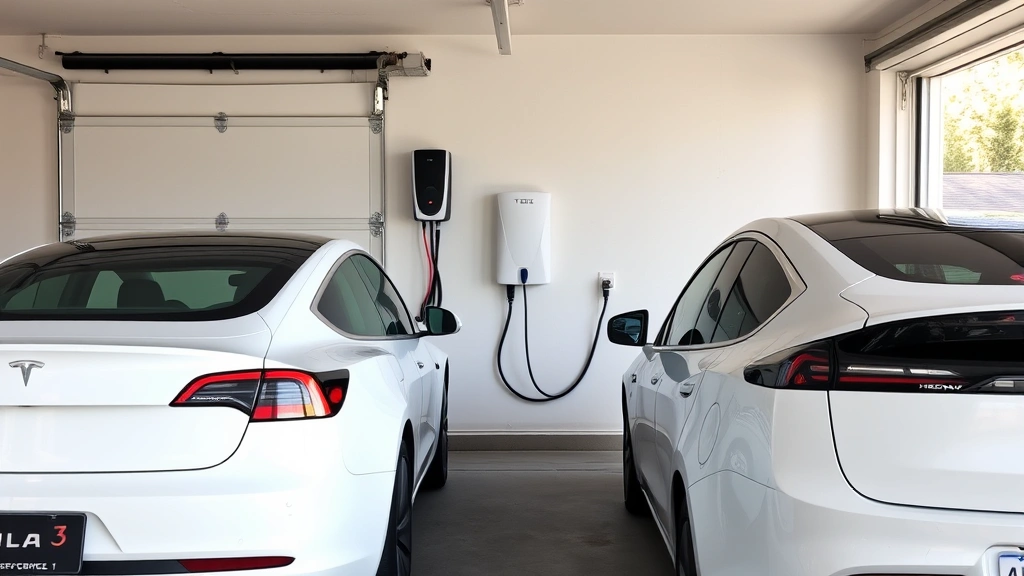 Residential two-car garage with Tesla Model 3 and Chevy Bolt parked side by side, hardwired Level 2 charger mounted on white garage wall, 240-volt electrical panel visible in background, clean modern installation, afternoon natural lighting through garage door windows, concrete floor, no people or text visible