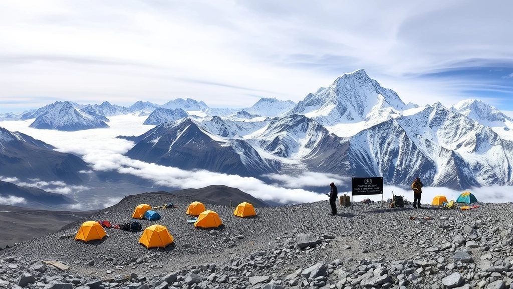 Wide panoramic view of Everest Base Camp at high altitude with multiple expedition tents clustered together, barren rocky moraine terrain, snow-covered mountain peaks (Everest, Nuptse, Lhotse) dominating skyline, trekkers in cold-weather gear standing near Base Camp sign, thin clouds at lower elevations