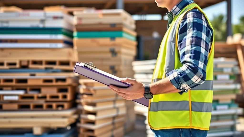 Construction worker counting materials on a job site with clipboard and organized stack of building supplies in bright daylight, realistic photography, no text or numbers visible