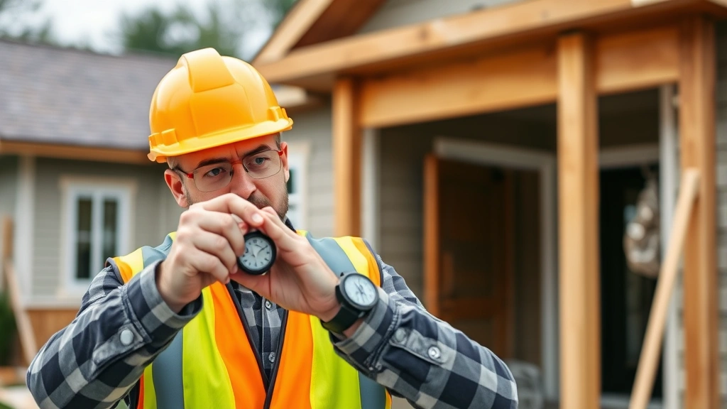 Person in hard hat and safety vest timing work progress with stopwatch on a residential construction project, focused expression, natural construction environment without text
