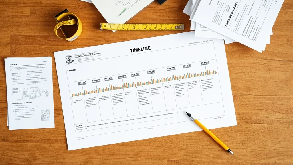 Overhead view of construction timeline chart and planning documents spread across a wooden table with measuring tape and pencil nearby, professional workspace, no readable text