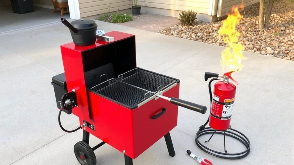 Professional outdoor turkey fryer setup with thermometer and safety equipment on concrete driveway, showing proper spacing from building with fire extinguisher nearby