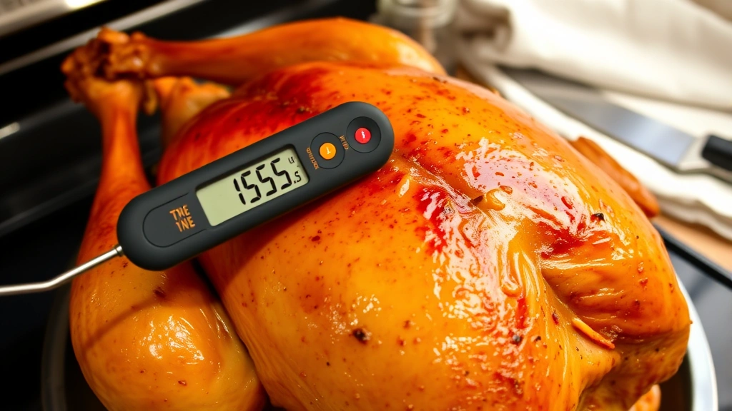 Digital meat thermometer inserted into cooked turkey breast showing 165 degrees Fahrenheit, golden-brown skin visible, with kitchen towels and carving utensils nearby
