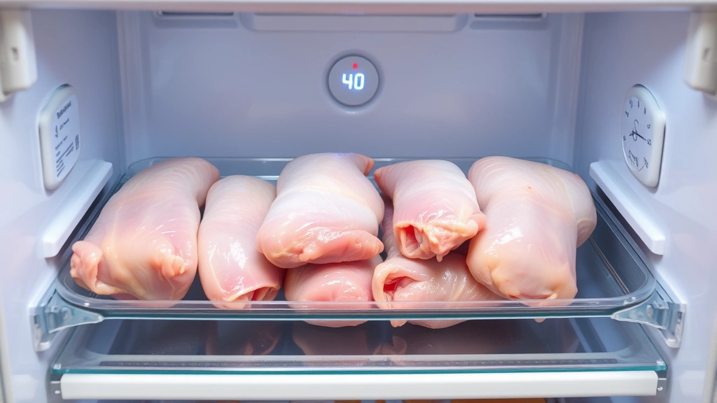 Raw chicken breasts and thighs arranged on a clear glass shelf in a modern refrigerator with frost-free interior, showing temperature dial set to 40 degrees Fahrenheit, professional kitchen setting