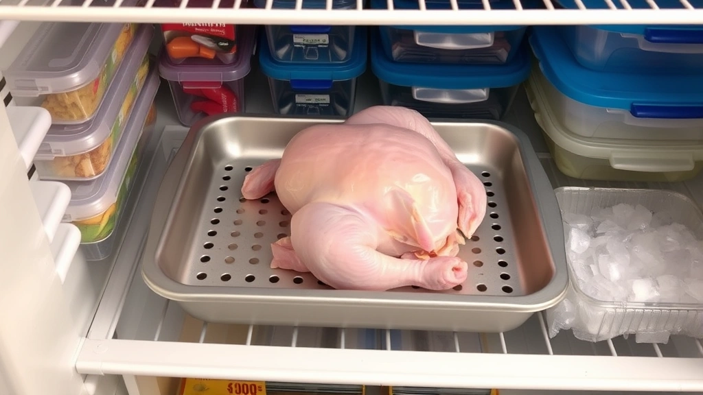Whole raw chicken in a shallow pan with drainage holes on a refrigerator shelf, surrounded by organized storage containers, showing proper thawing setup with ice pack nearby for temperature maintenance