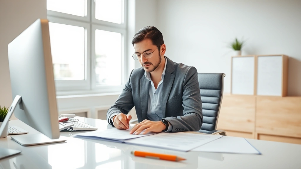 Professional real estate agent in modern office reviewing property documents and contracts on desk with computer and filing materials, natural window lighting, clean workspace