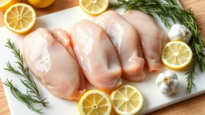 Close-up of raw chicken tenders on a white cutting board with fresh lemon slices, garlic cloves, and rosemary sprigs arranged around them, natural kitchen lighting