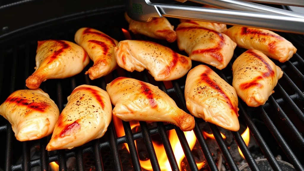 Chicken tenders sizzling on hot grill grates with visible grill marks and golden-brown exterior, flames visible below grates, tongs positioned above, outdoor setting