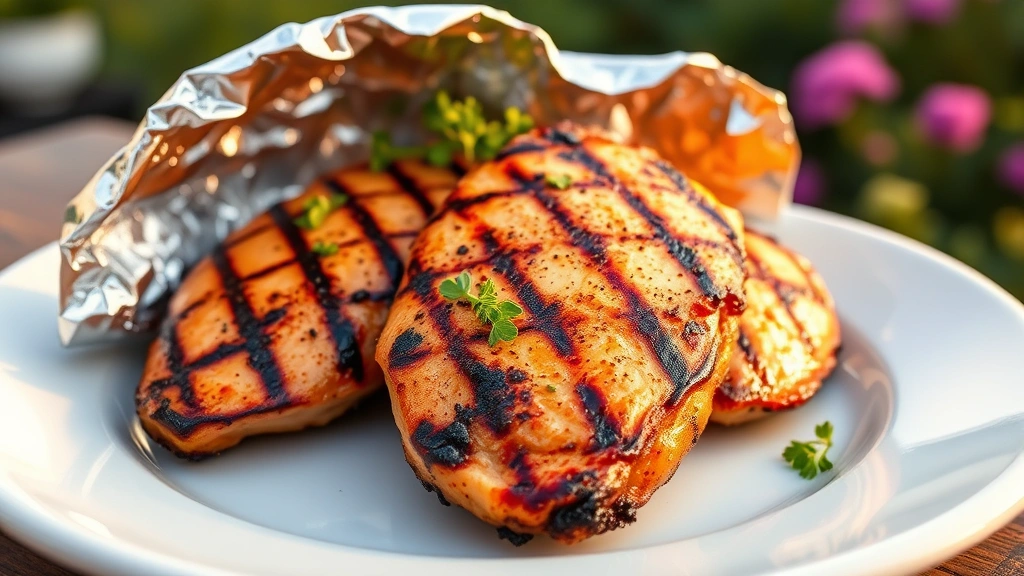 Perfectly cooked grilled chicken tenders on a white plate with char marks, resting under foil tent, fresh herbs garnish, blurred garden background, warm golden hour lighting