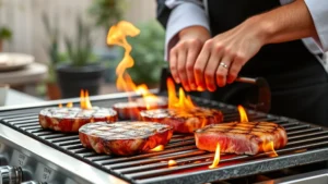 Professional chef grilling thick filet mignon steaks on stainless steel gas grill with high flames and seared crust, outdoor backyard setting