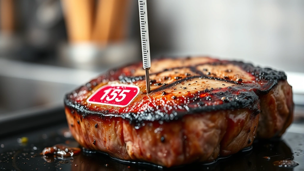 Close-up of meat thermometer inserted into center of perfectly seared filet mignon steak showing 135 degrees, professional kitchen background
