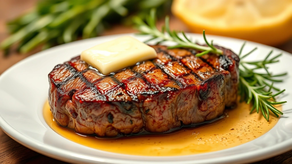 Finished grilled filet mignon resting on warm white plate with butter melting on top, fresh rosemary sprigs beside it, blurred background