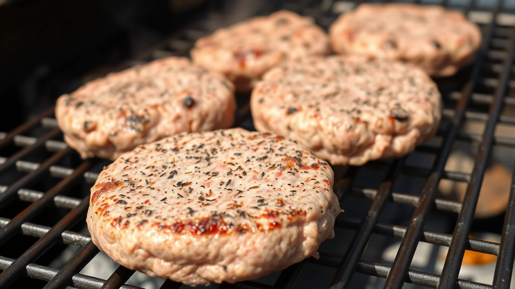 Close-up of seasoned frozen burger patties placed on hot metal grill grates, steam rising from contact, showing brown crust formation on bottom surface, natural daylight, outdoor barbecue setting