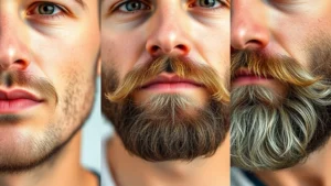 Close-up of a man's face showing progressive beard growth stages from clean-shaven to full thick beard over six months, natural lighting, skin texture visible