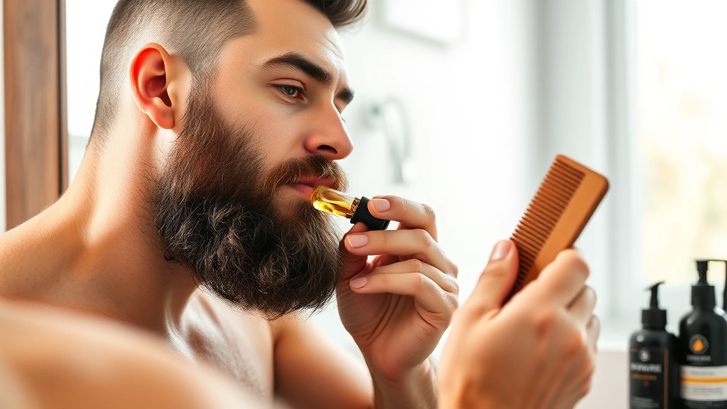 A bearded man applying beard oil to his facial hair with a wooden comb nearby, bathroom setting with mirror, natural morning light, grooming products visible