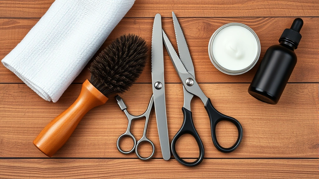 Top-down view of beard grooming products including beard brush, scissors, oil, and balm arranged on a wooden surface with towel, professional styling setup