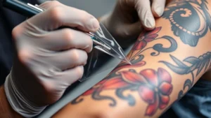 Professional tattoo artist applying clear protective Saniderm film over fresh colorful tattoo on client's arm, hands wearing latex gloves, bright studio lighting, close-up detail of smooth film application without wrinkles