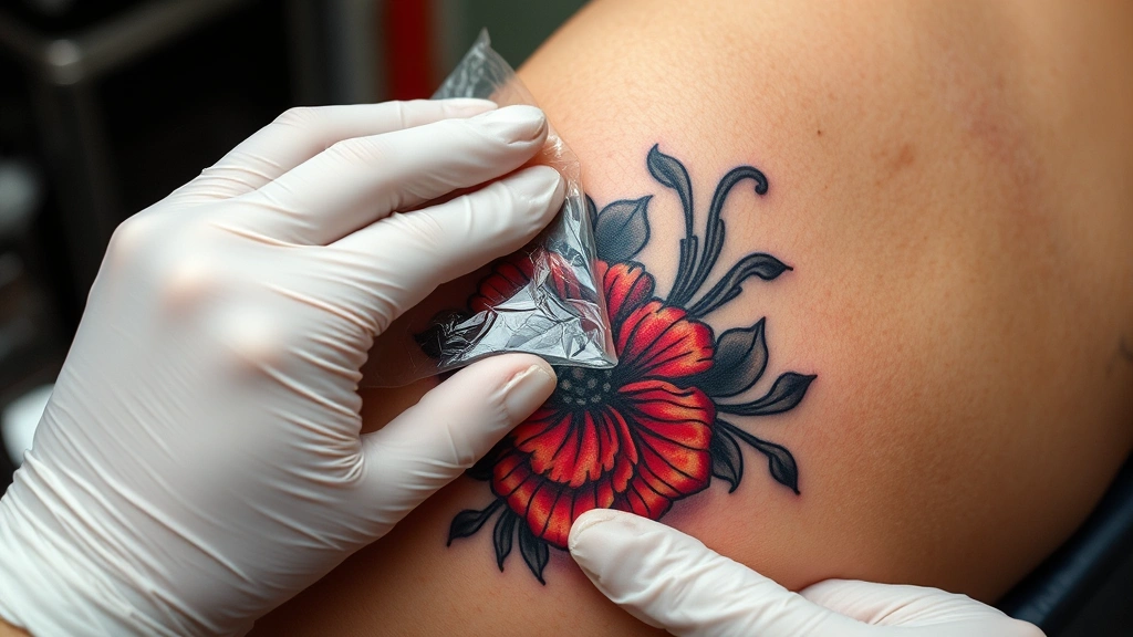 Person gently peeling away protective Saniderm barrier from healed tattoo after 24 hours, showing accumulated clear fluid beneath film, clean hands using careful technique over vibrant ink design on skin