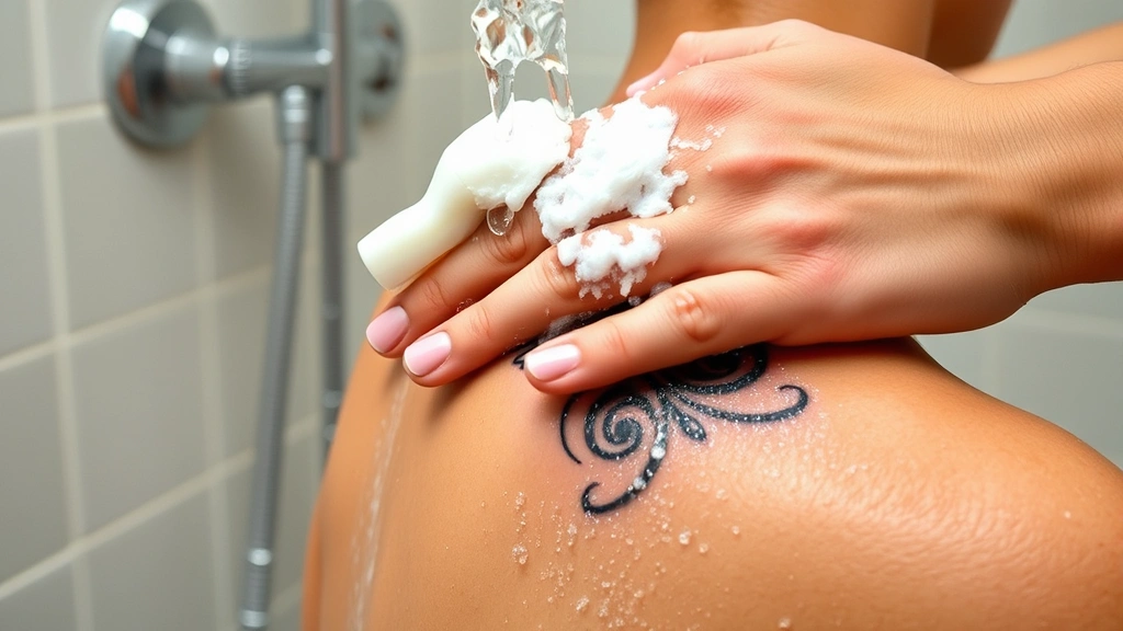 Freshly healed tattoo on shoulder being cleaned with mild soap and warm water in shower, hands gently washing the area, water streaming over the design, demonstrating post-Saniderm care routine