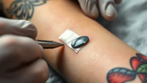 Close-up of a fresh tattoo with clear second skin bandage showing fluid accumulation underneath, photorealistic professional tattoo shop setting with proper lighting