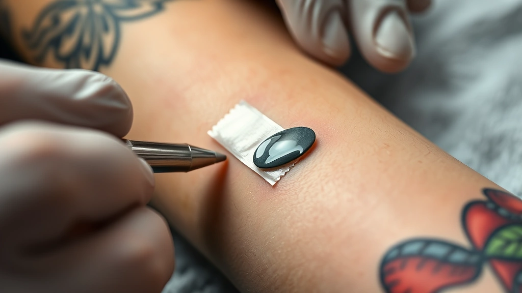 Close-up of a fresh tattoo with clear second skin bandage showing fluid accumulation underneath, photorealistic professional tattoo shop setting with proper lighting