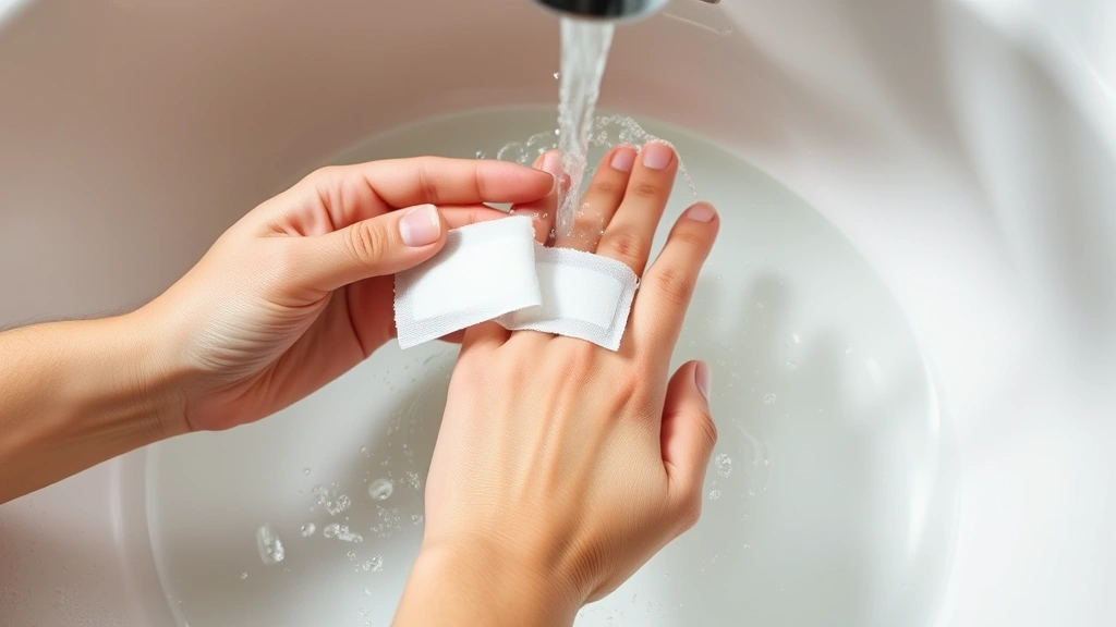 Hands gently peeling away second skin bandage under warm running water, demonstrating proper removal technique with visible water stream and clean sink