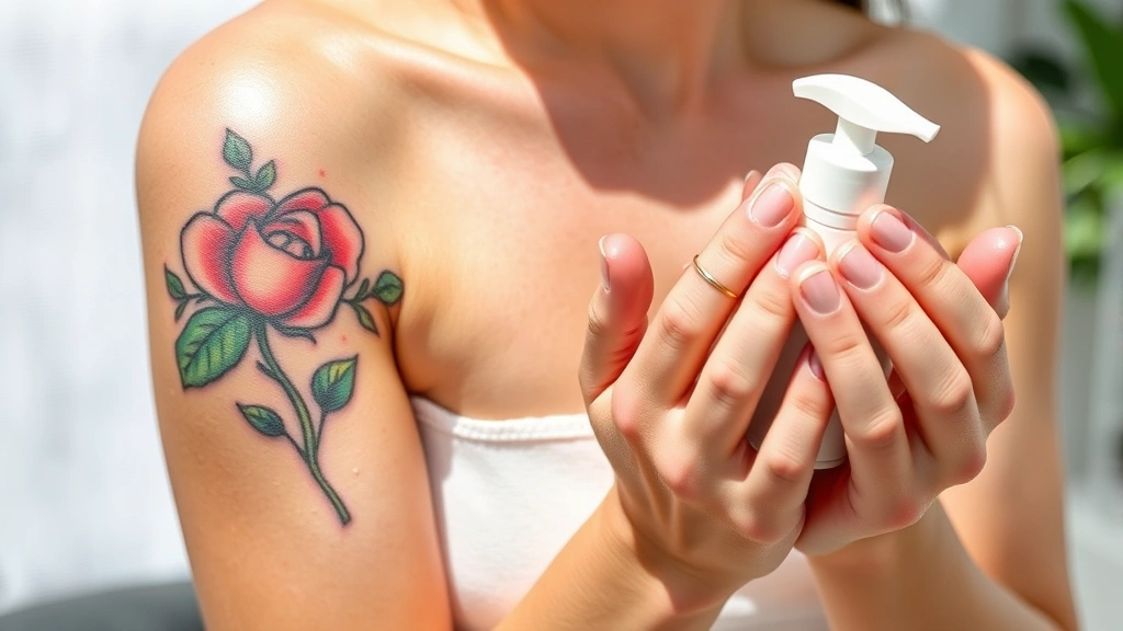 Freshly healed tattoo 2 weeks post-removal showing vibrant colors and healthy skin texture, person applying unscented lotion with clean hands in bright natural lighting