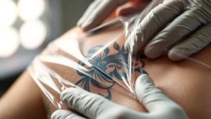 Close-up of fresh tattoo on skin with professional plastic wrap covering being applied by gloved hands in bright studio lighting, showing proper wrapping technique