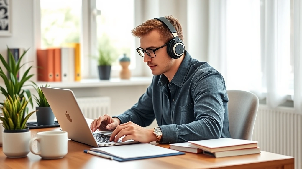 Person wearing headphones studying Spanish on laptop in bright home office with notebook and coffee, photorealistic