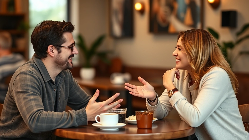 Adult conversation partners practicing Spanish dialogue face-to-face at casual coffee table, warm indoor lighting