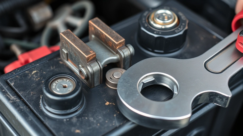 Close-up of car battery terminals with corrosion, wrench nearby, professional automotive setting, natural lighting, detailed view of battery posts and connector clamps