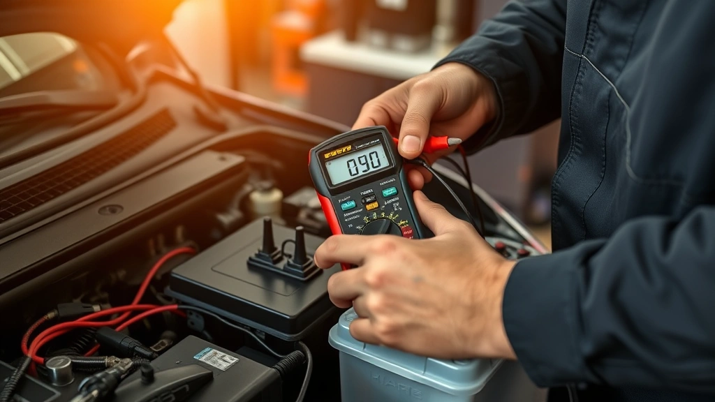 Mechanic using multimeter to test car battery voltage in garage workshop, hands holding testing equipment against battery terminals, diagnostic tools visible