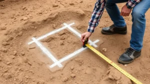 A construction worker measuring and marking foundation locations with chalk lines on cleared soil, showing proper site preparation for shed construction with a level and measuring tape visible