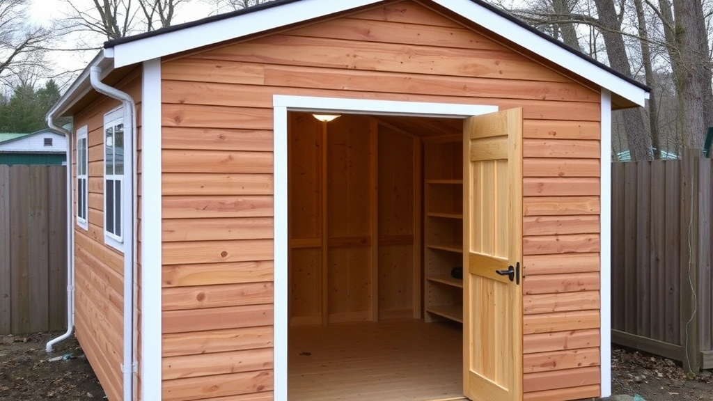 A completed wooden shed with vinyl siding, white trim, functioning gutters, and organized interior shelving visible through an open door, demonstrating finished construction
