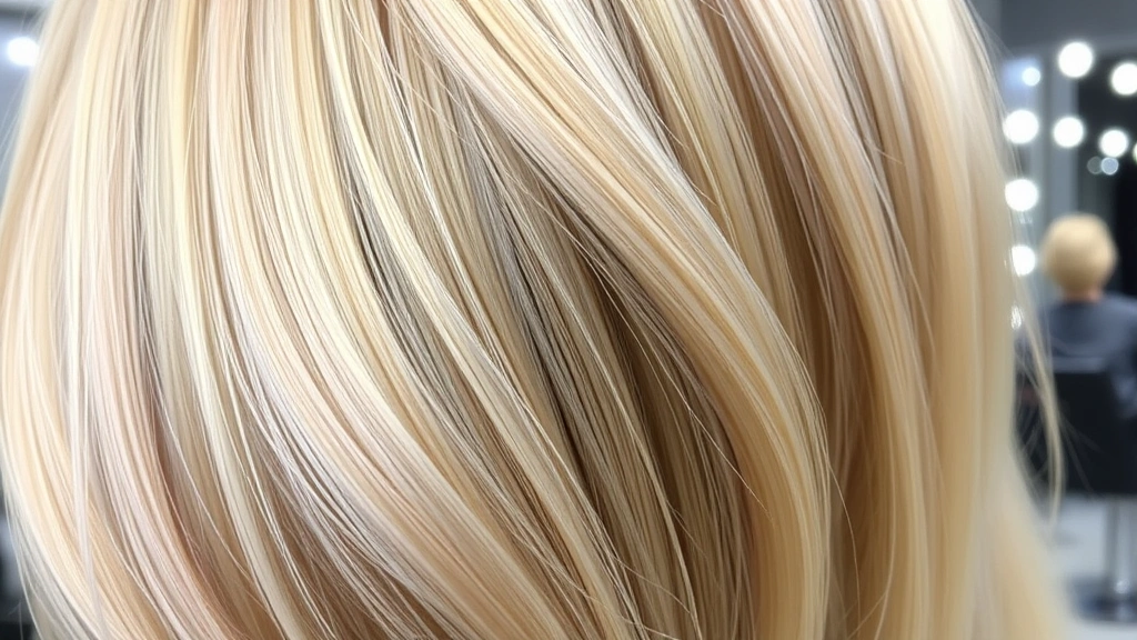 Close-up of blonde hair strands showing toner application with cool-toned pigment, professional salon setting with mirrors and lighting