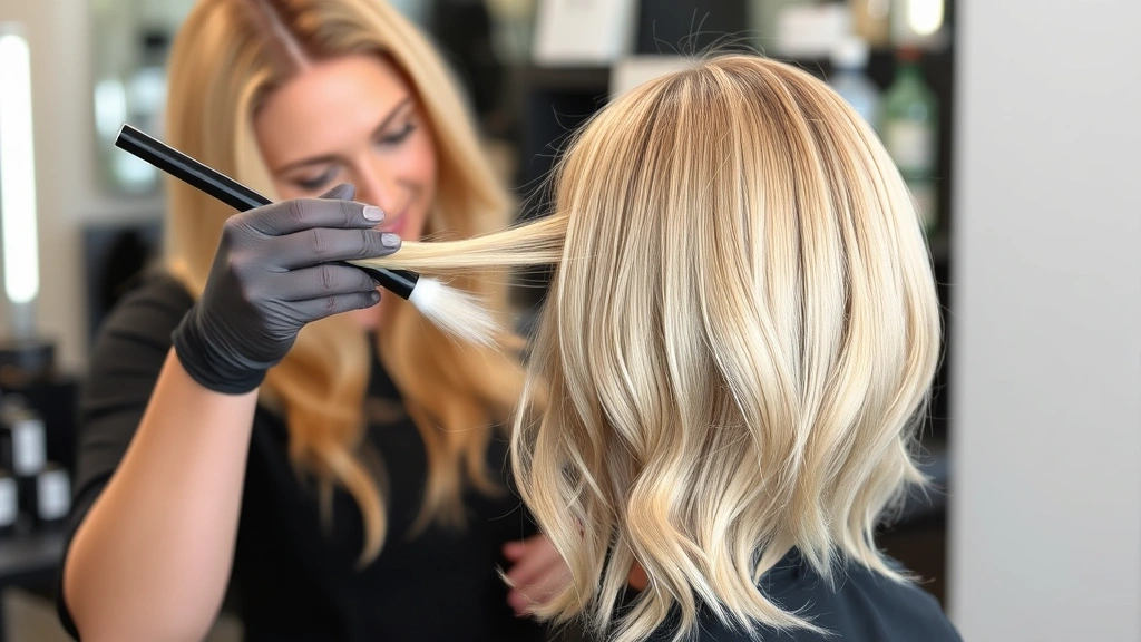 Stylist performing strand test on sectioned blonde hair to check toner development and color intensity before full application