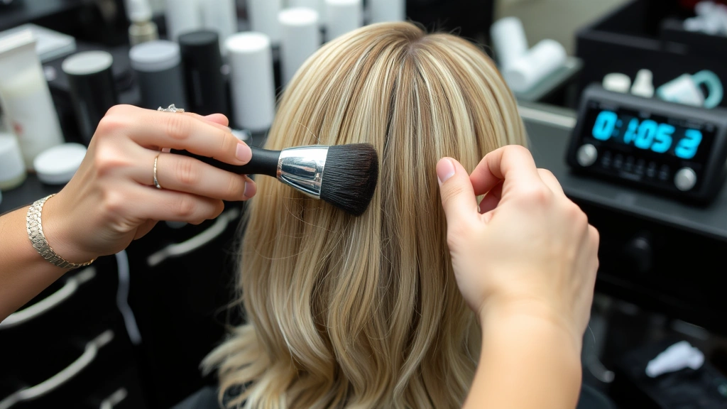 Hands applying toner evenly through pre-lightened hair sections using applicator brush, organized salon workspace with timer visible