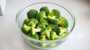 Fresh broccoli florets arranged in a clear glass microwave-safe bowl with water, ready to microwave, photographed from above with natural kitchen lighting