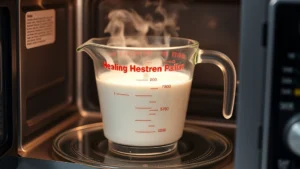 Close-up of glass measuring cup filled with white milk being heated in a microwave oven, steam visible rising from the cup surface, showing proper container selection for beverage preparation