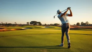 Professional golfer mid-swing on championship course, manicured fairway with bunkers visible, clear sky, daytime lighting, photorealistic construction-quality imagery